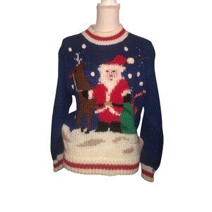 Vintage HEIDI Sz M Women's Blue Santa Reindeer Christmas Xmas Hand Knit Sweater